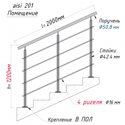 Комплект ограждений 2м длина 50 труба 201 высота 1,2 м
