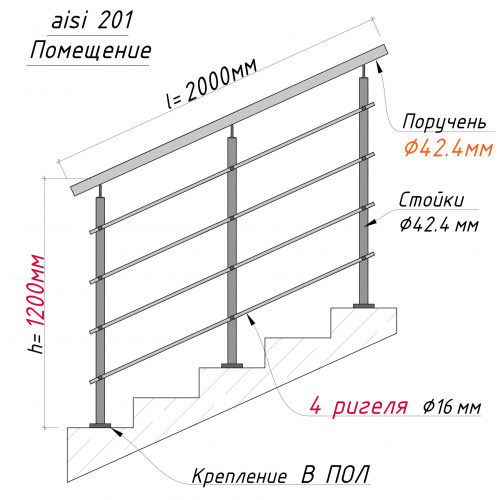 Комплект ограждений 2м длина 42 труба 201 высота 1,2 м