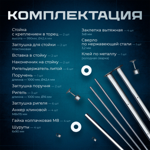 Комплект ограждений 1м длина 42,4 труба 201 высота 0,95 м торец фото 3